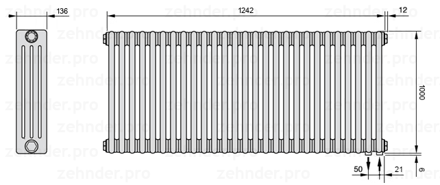 Схема (чертеж) Радиатор Zehnder Charleston 4100/27 №5510 Белый глянцевый RAL 9016